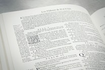 An open book displaying text in Spanish. The text includes headings, paragraphs, and some stylized letters. The content appears to be religious or historical in nature, with references to Psalms. The layout is dense with a small font size.