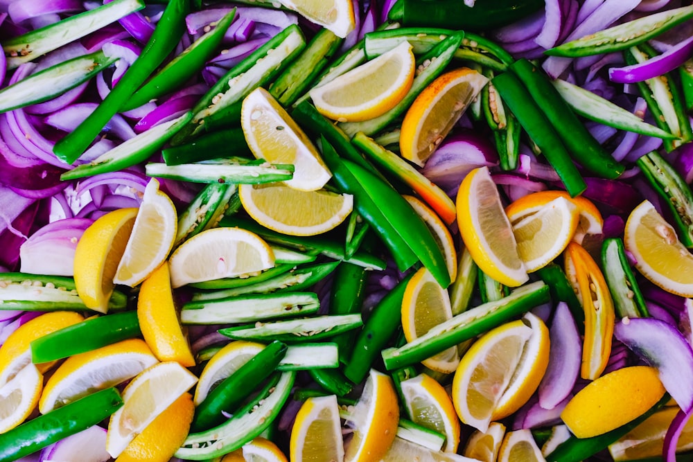 orange fruit and green vegetables