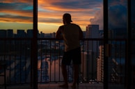 Balcony view overlooking the city skyline at sunset.