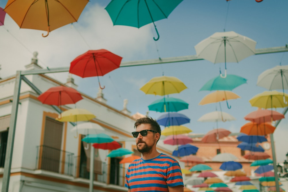 Hombre con camiseta de cuello redondo a rayas azules y rojas y gafas de sol con montura negra