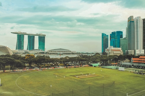 A lush green cricket field is in the foreground with players dressed in white visibly engaged in a match. Surrounding the field are tall trees and some red-roofed structures. Behind the field, a river can be seen with an iconic, uniquely designed building with three towers joined at the top by a horizontal structure, and several modern skyscrapers. The sky above is partly cloudy with hints of blue.
