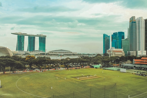 A lush green cricket field is in the foreground with players dressed in white visibly engaged in a match. Surrounding the field are tall trees and some red-roofed structures. Behind the field, a river can be seen with an iconic, uniquely designed building with three towers joined at the top by a horizontal structure, and several modern skyscrapers. The sky above is partly cloudy with hints of blue.