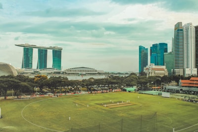 A lush green cricket field is in the foreground with players dressed in white visibly engaged in a match. Surrounding the field are tall trees and some red-roofed structures. Behind the field, a river can be seen with an iconic, uniquely designed building with three towers joined at the top by a horizontal structure, and several modern skyscrapers. The sky above is partly cloudy with hints of blue.