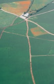 An aerial view of expansive green fields intersected by dirt roads leading to a white building surrounded by trees. The fields are divided into sections, some with visible patches of orange, possibly indicating seasonal changes or different crops.