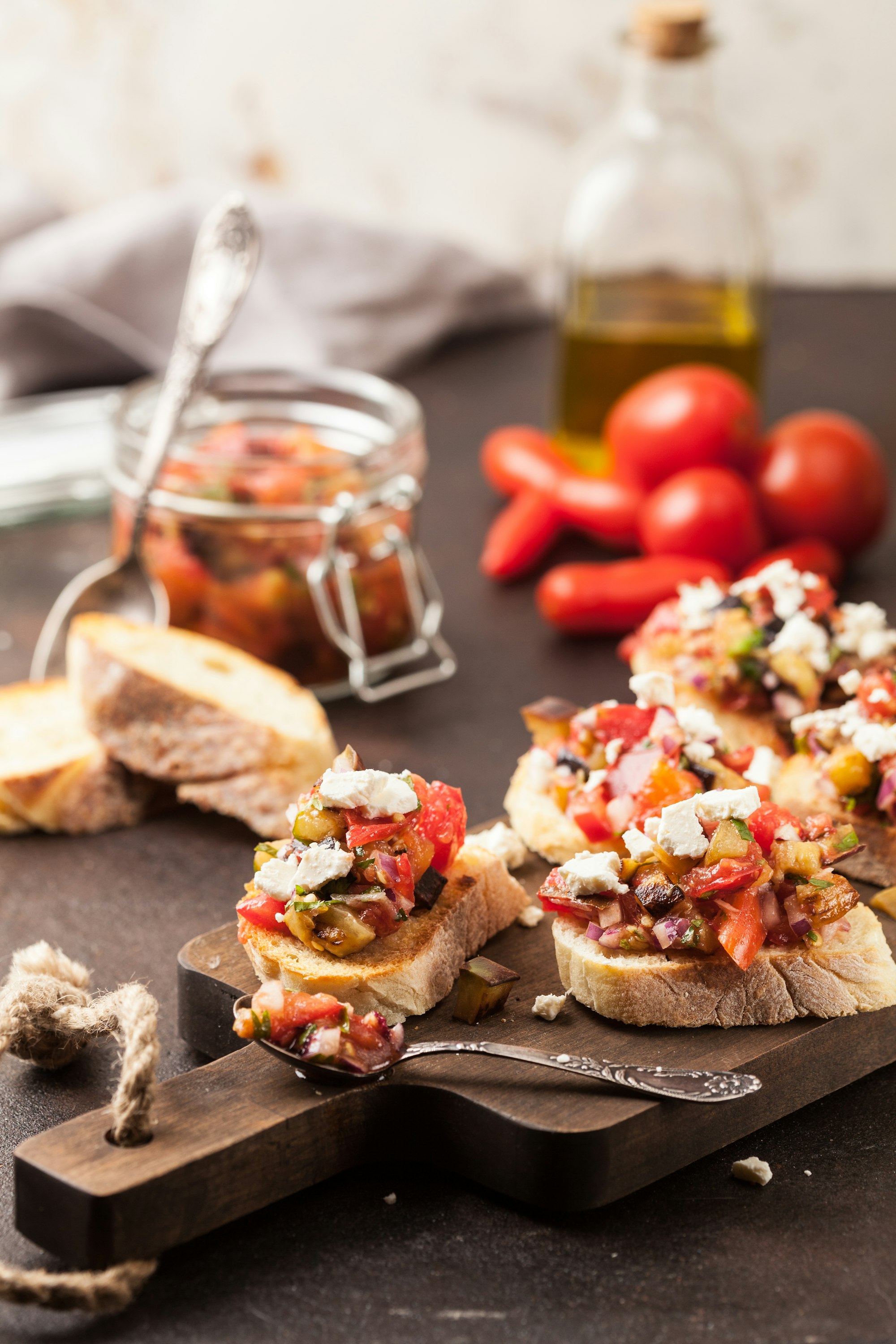 Eggplant and tomato bruschetta with goat cheese