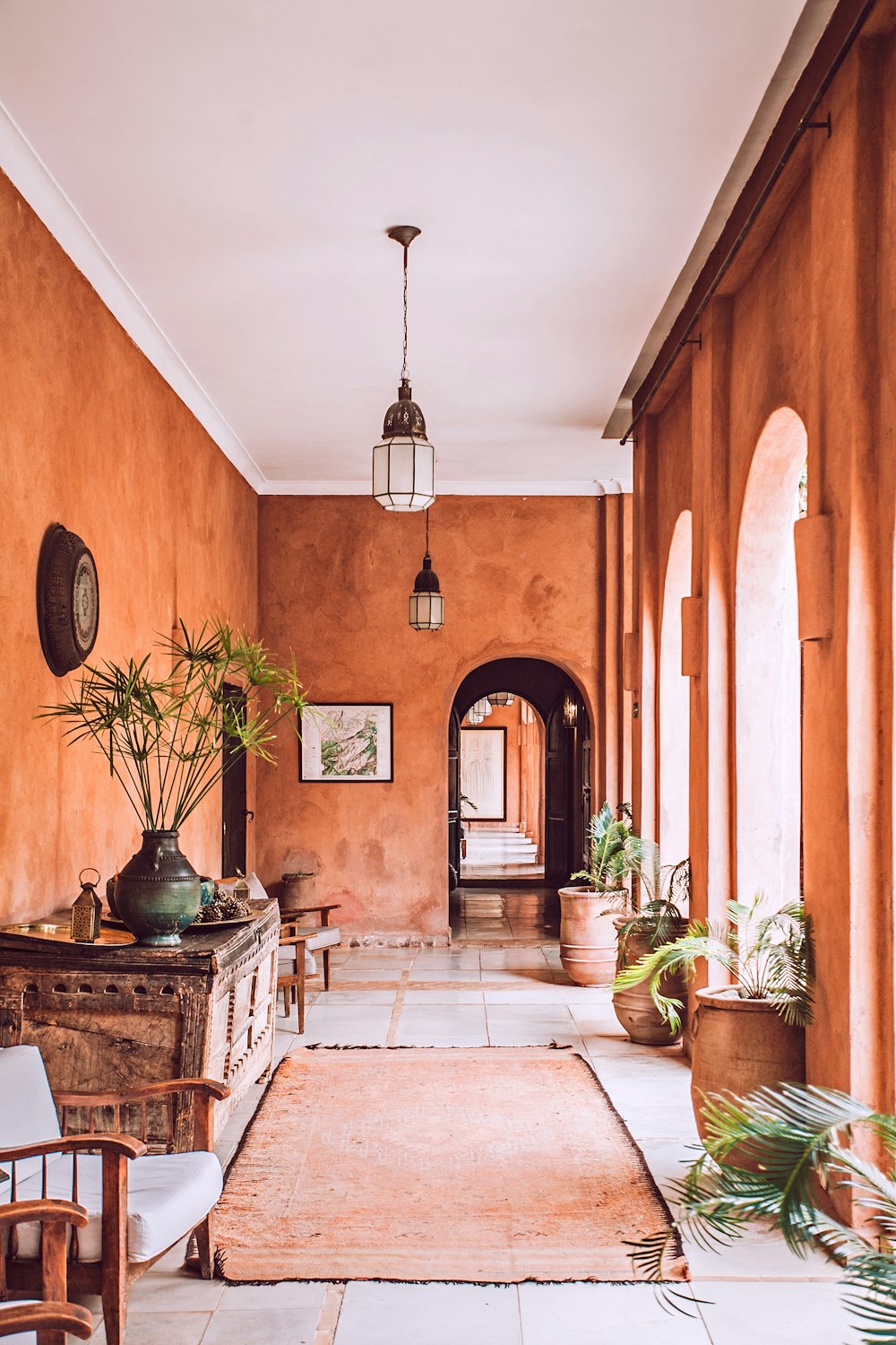 Plantadeiras com planta perto da área tapete dentro da sala