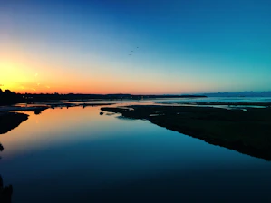 A serene Amazon river landscape at sunset with vibrant colors reflecting on the water.