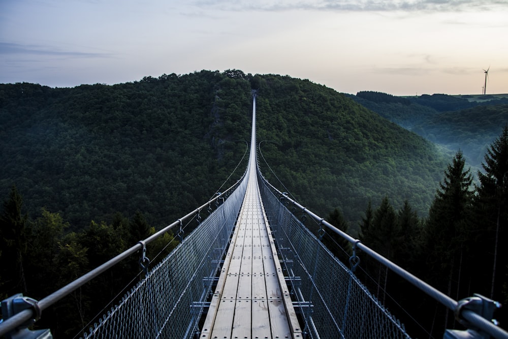 Puente de madera gris y negro sobre montañas cubiertas de árboles