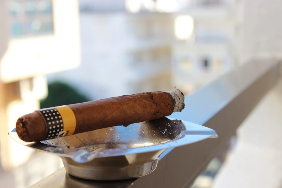 Thick gauge cigar resting on a polished onyx ashtray.