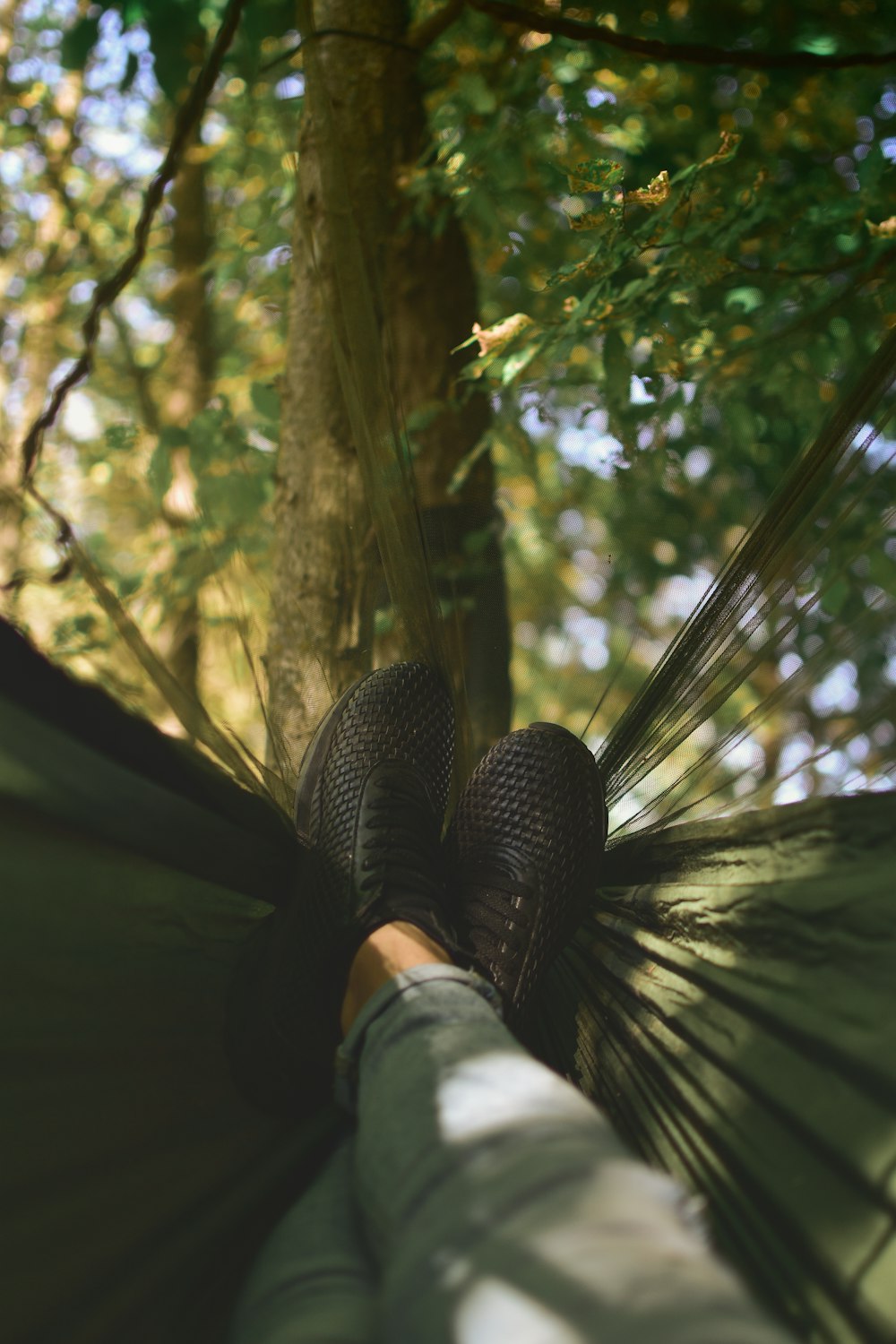 person on camping hammock tied on tree