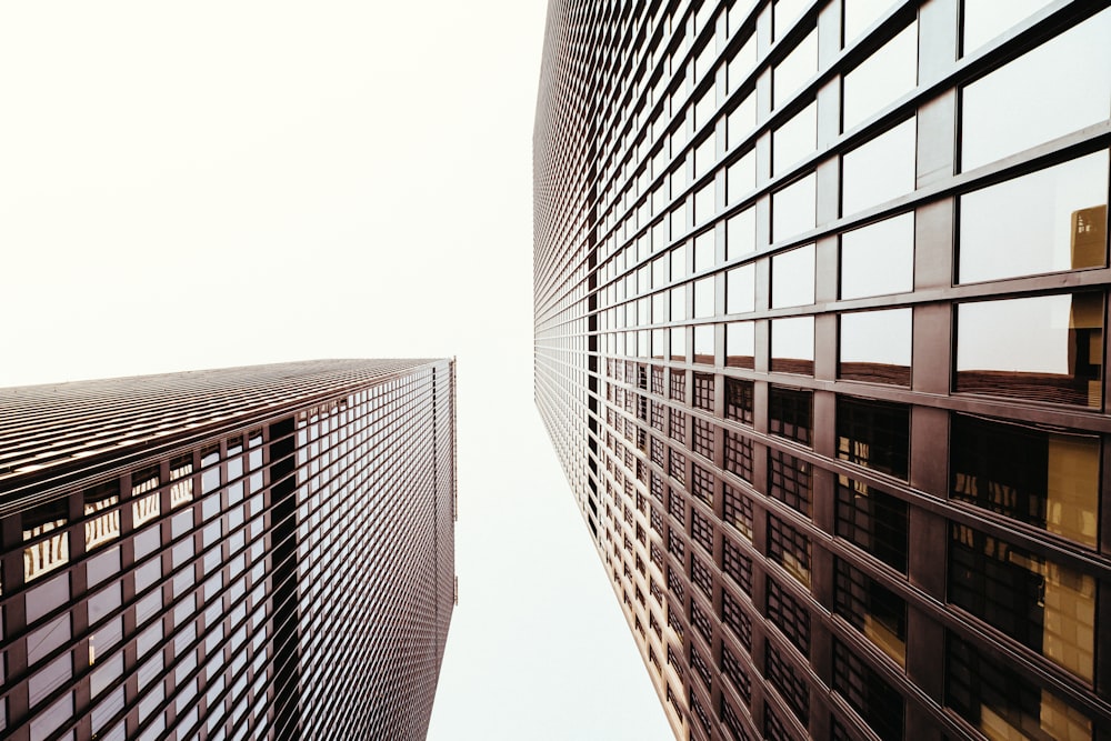 昼間の高層ビルのローアングル写真
