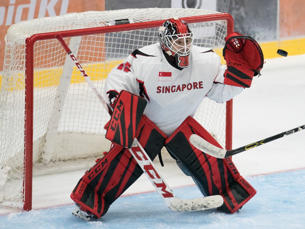hockey goalie showing defense pose during game