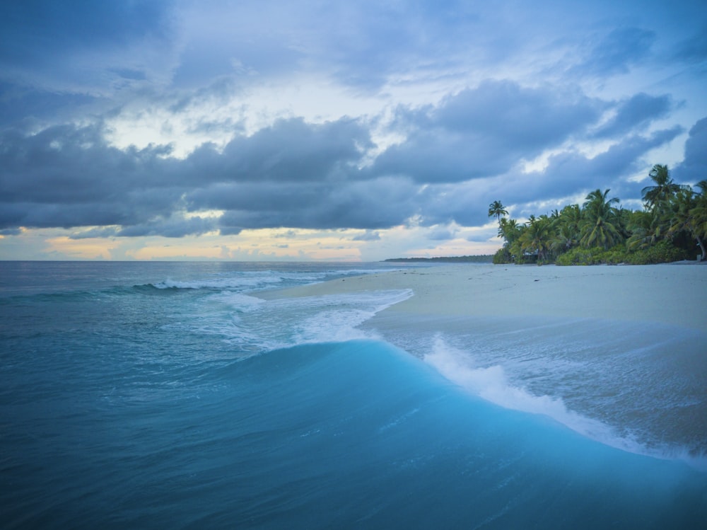 Onde del mare che spruzzi sulla riva del mare durante la pittura dell'ora d'oro