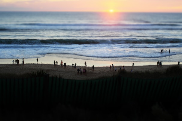 A warm gathering of community members praying together outdoors near the beach at sunset.
