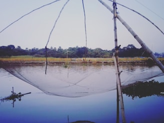 A large fishing net is suspended above a calm body of water, supported by bamboo poles. In the background, there is lush greenery and trees lining the horizon. The water reflects the objects and greenery around it, creating a serene and tranquil scene.