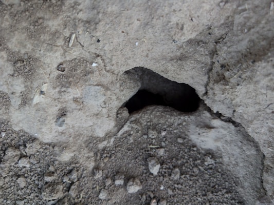 A close-up view of a rough, textured concrete surface with a significant hollow or cavity in the center surrounded by various small gravel particles and irregularities.
