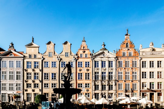 statue of person in front of brown buildings in Neptune's Fountain Poland