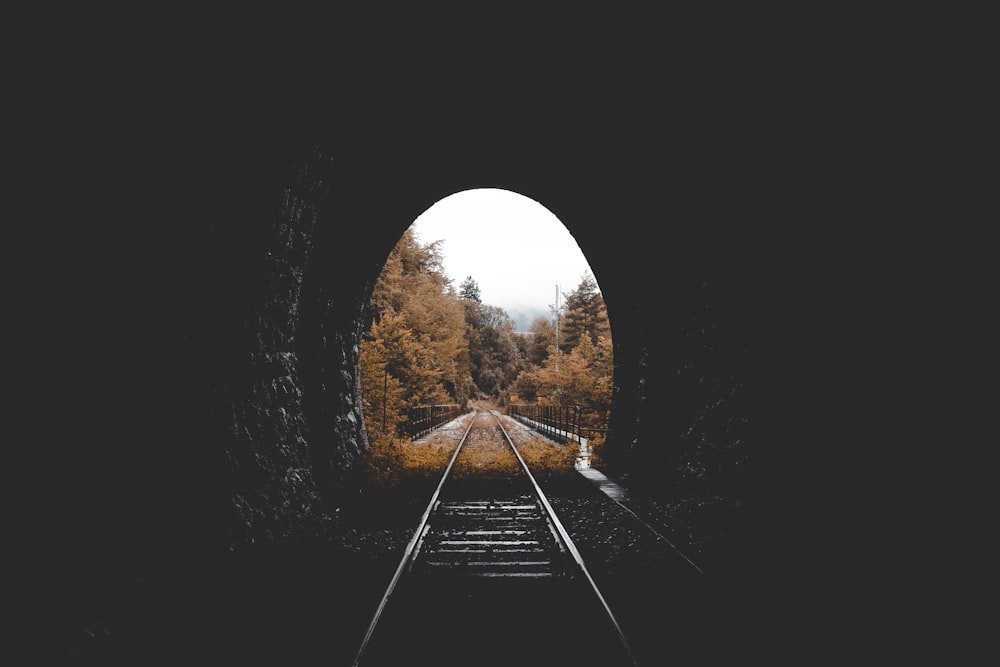 low-light photo of railroad tunnel