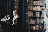 A long, elegant library hallway lined with numerous white marble busts on the left side, each placed on wooden pedestals. On the right side, there are tall, wooden bookshelves filled with old, leather-bound books arranged neatly. A wooden ladder leans against the shelves, indicating access to higher books. The atmosphere is classical and scholarly.
