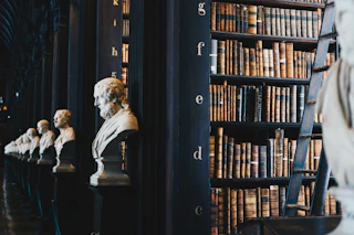 Classical library aisle lined with marble busts on pedestals facing tall shelves of leather-bound books