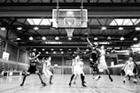 grayscale basketball players