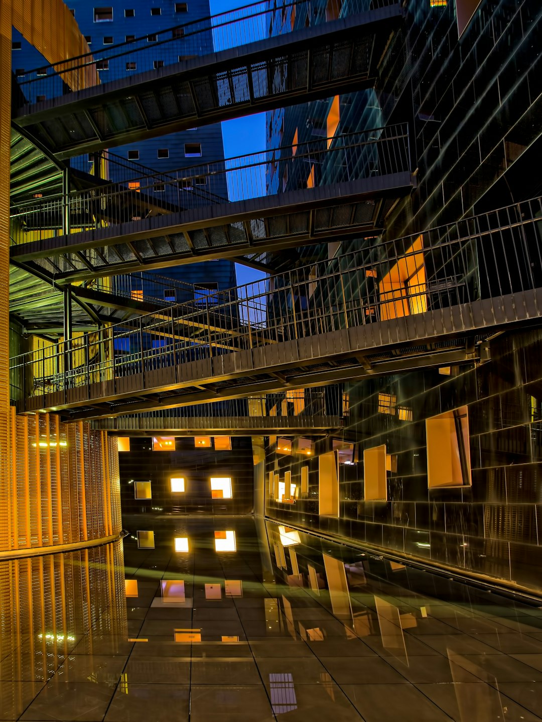 metal bridges between two buildings