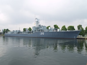 A large naval ship with the number 215 painted on its side is moored along a waterfront. The vessel is equipped with various antennas and radar equipment, and several trees are visible in the background, indicating a dock or port area. The water reflects the image of the ship, creating a calm and orderly scene under a cloudy sky.