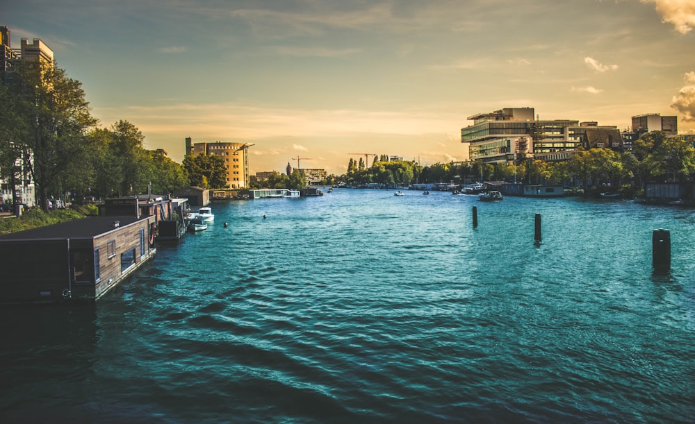 calm body of water beside brown concrete building