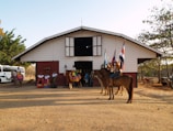 A group of people and horses are gathered in front of a ranch-like building. Several women are dressed in traditional colorful dresses, while others are wearing cowboy hats and riding horses. Flags from various countries are being held by individuals on horseback. The scene takes place in an outdoor setting with trees and a vehicle visible in the background.
