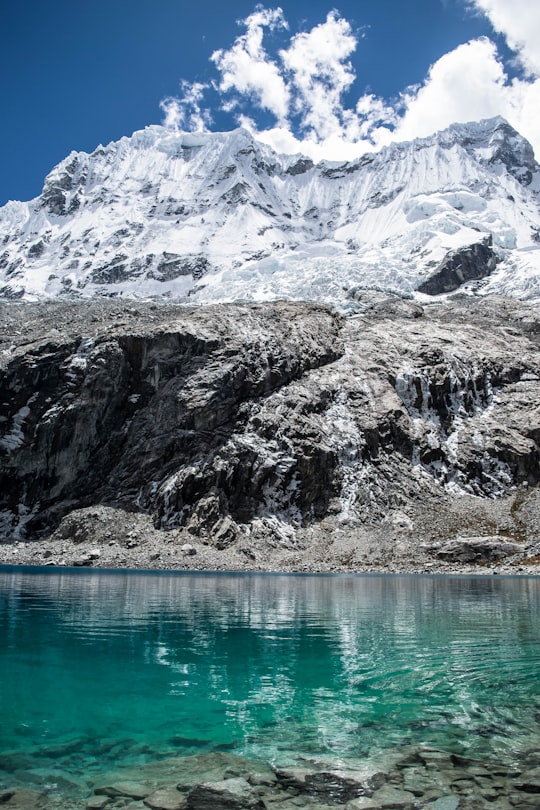 lake near mountain covered with snow in Chakrarahu Peru