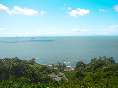 A serene coastal landscape with a distant ship navigating through calm waters under a clear sky.