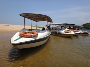 Several motorboats are docked along a sandy beach with life buoys on their decks. The water is calm, and the sky is clear, suggesting a sunny day. A canopy provides shade over the boats' seating areas.