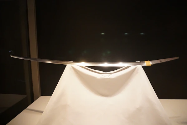 A gleaming sword with a leather-wrapped handle, displayed against a dark stone background.