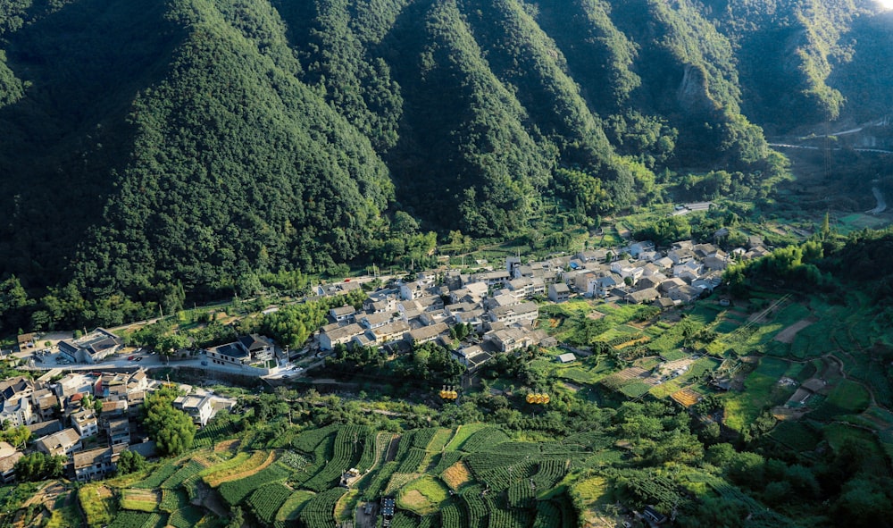 houses on valley surrounded by hills at daytime