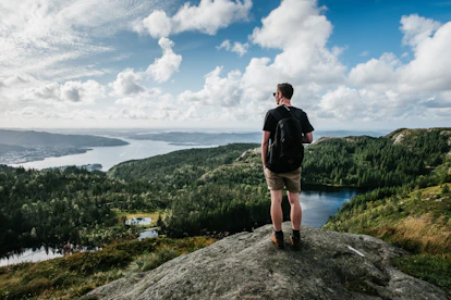 man standing on mountain beside trees