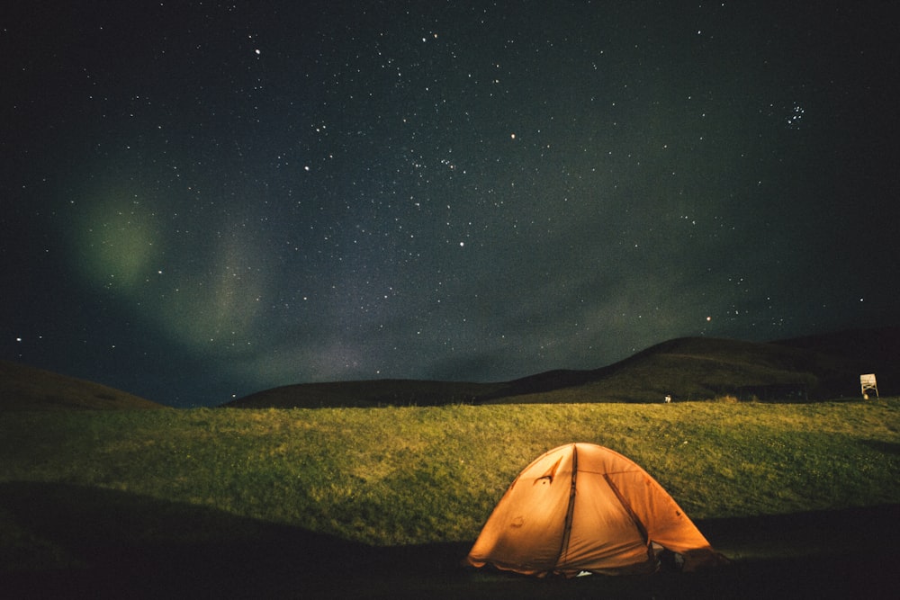 dome tent on grass field under stars