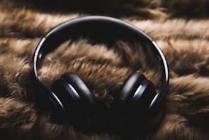 black headphones on brown textile