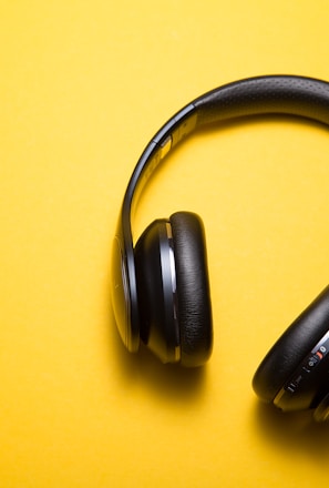 flatlay photography of wireless headphones