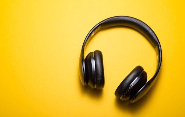 flatlay photography of wireless headphones