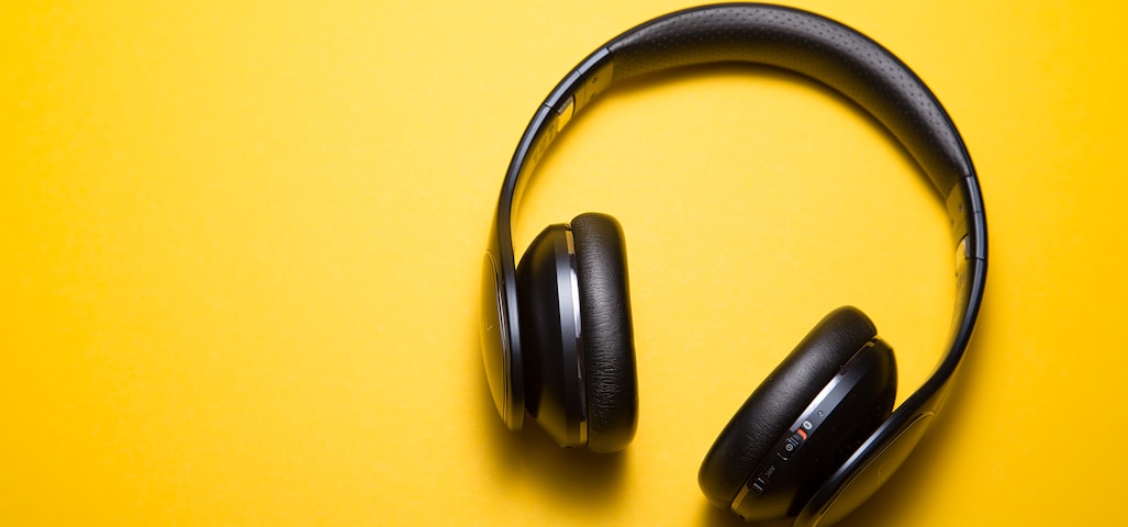 flatlay photography of wireless headphones