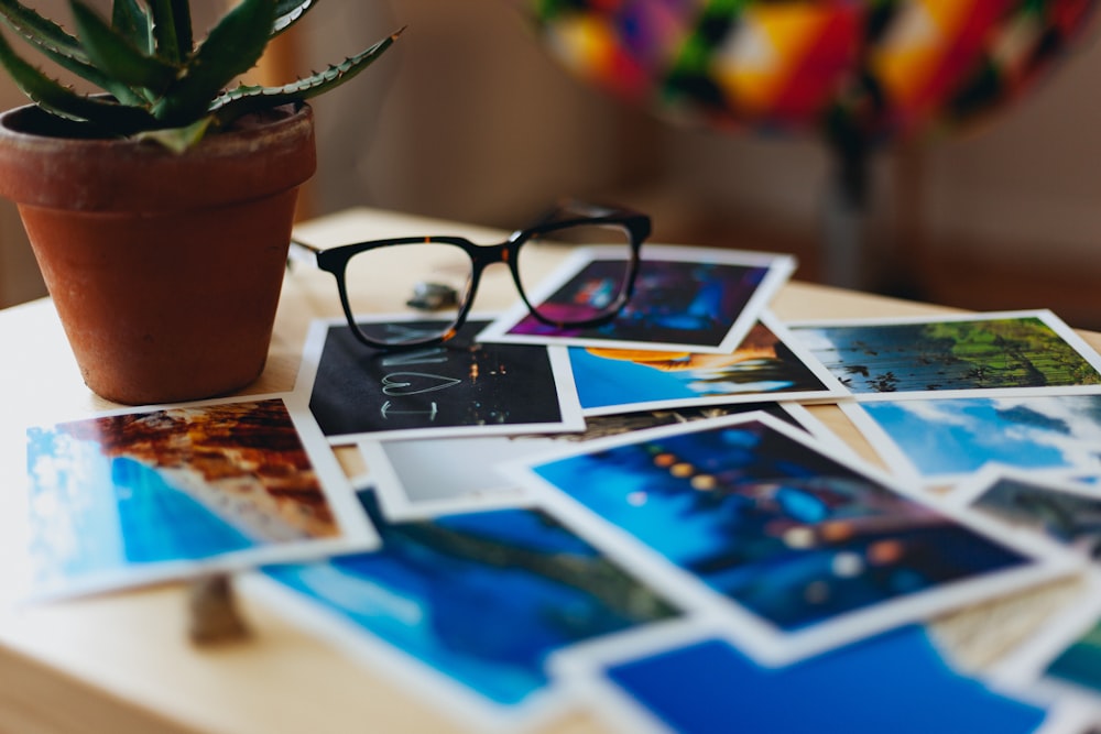 clear eyeglasses on post cards