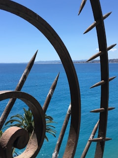 Wrought iron bars with pointed ends create a foreground against a backdrop of clear blue sea and sky. A palm tree is visible below, adding a touch of green to the scene. The distant shoreline and mountains are faintly visible across the water.