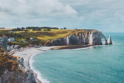 Chalk cliffs and natural arch along the coast of Étretat, France