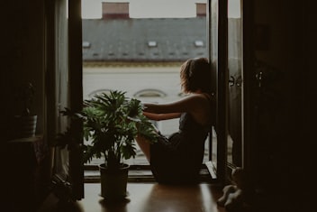 picture of woman look out a window