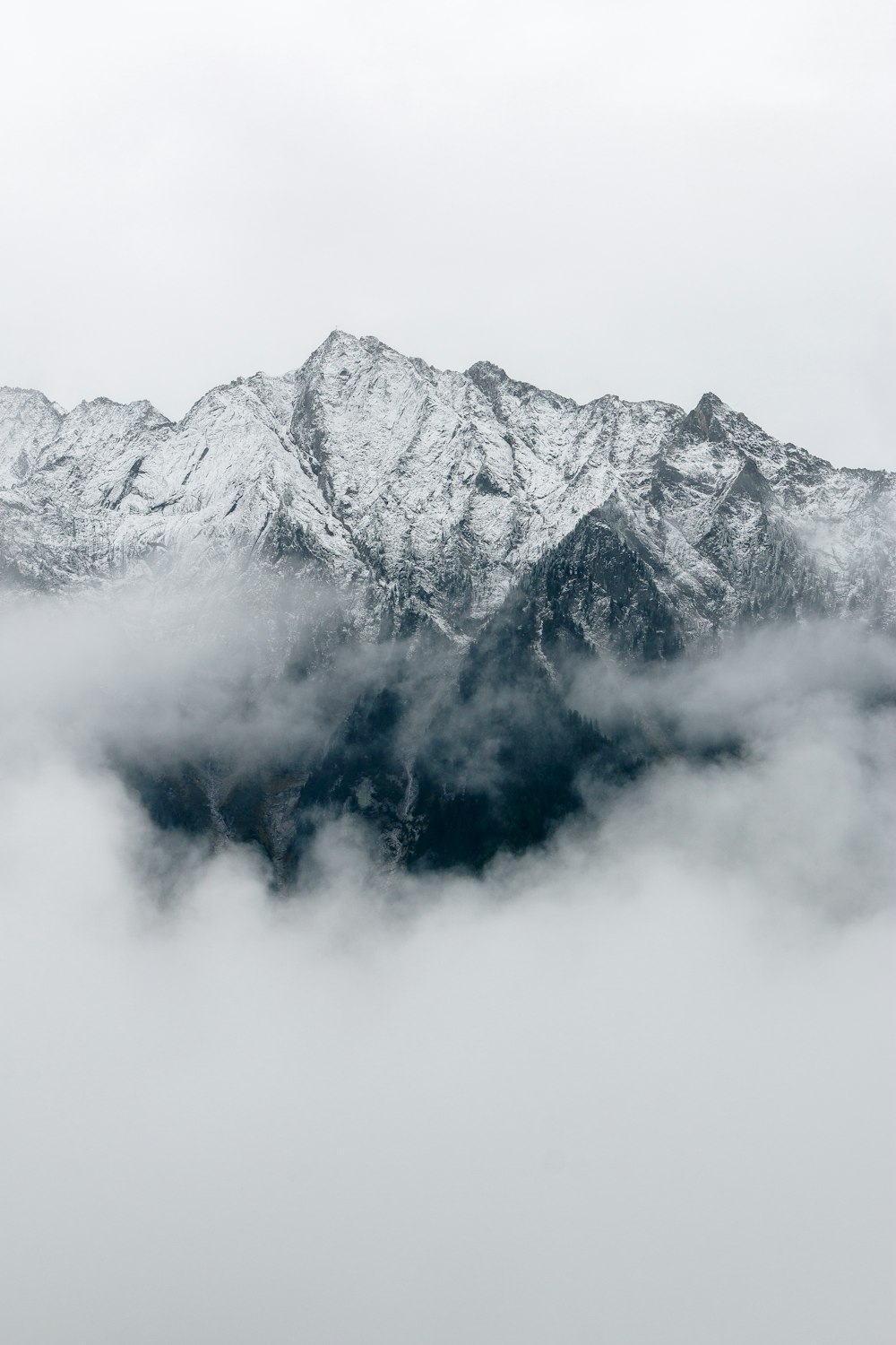 Montaña gris cubierta de niebla durante el día