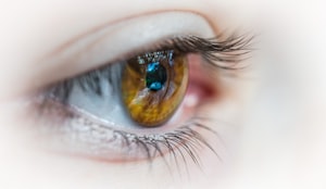 selective focus photography of human eye