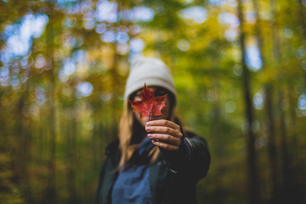 Fotografía de gran apertura de mujer sosteniendo hoja de arce a la cámara durante el día