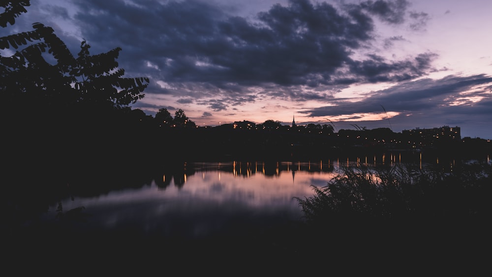 silhouette photo of trees beside river under cloudy sky