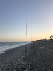 A series of fishing rods are lined up along a pebbly beach at sunset. The sky is gradient with hues of blue and orange, and gentle waves are rolling onto the shore. In the distance, people can be seen near a cluster of small buildings.