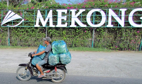 A person rides a motorcycle carrying large bags of goods, possibly recycling material, on the back. The background features a large sign with the word 'MEKONG' and green foliage interspersed with pink flowers.